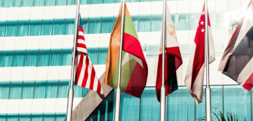 line up of many countries flags against a beautiful blue building